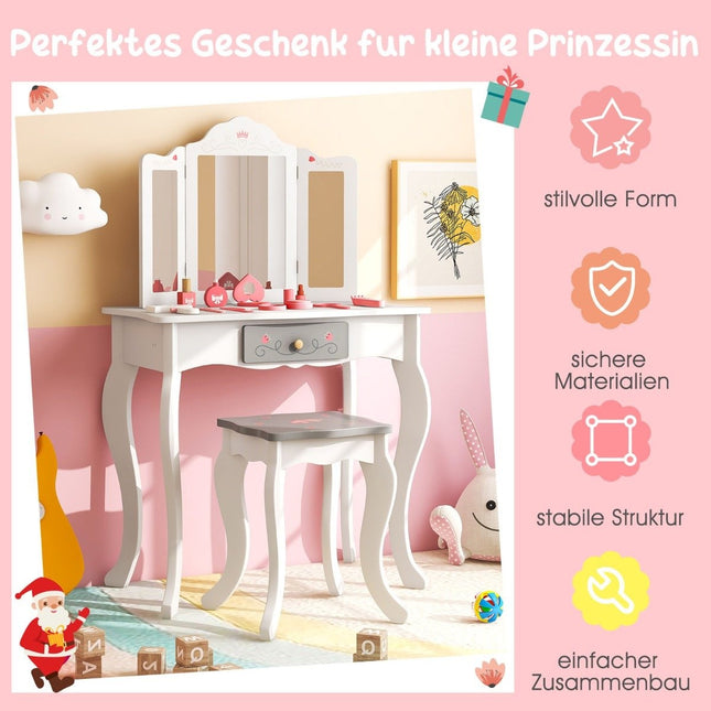 2 in 1 children's dressing table + stool with folding mirror & drawer & accessories