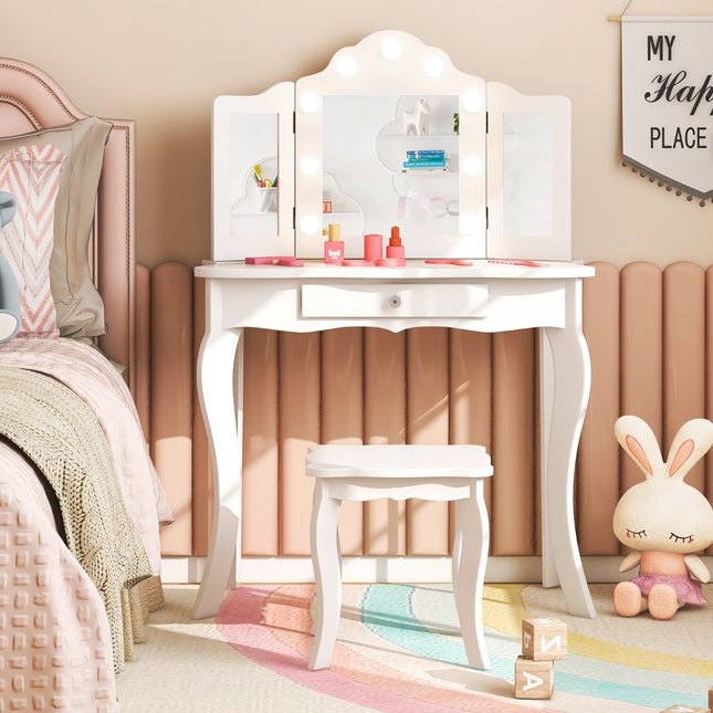 2 in 1 children's dressing table with LED lights & folding mirror & drawers white