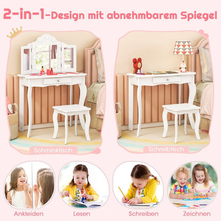 2 in 1 children's dressing table with LED lights & folding mirror & drawers white
