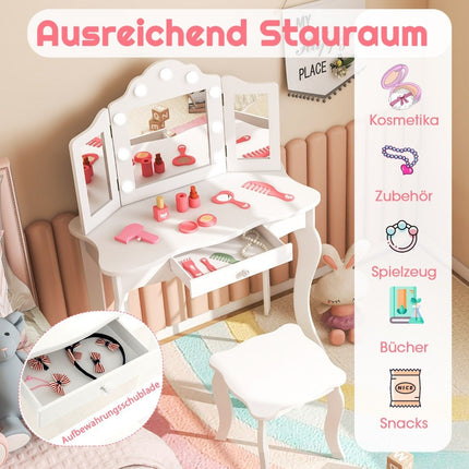 2 in 1 children's dressing table with LED lights & folding mirror & drawers white