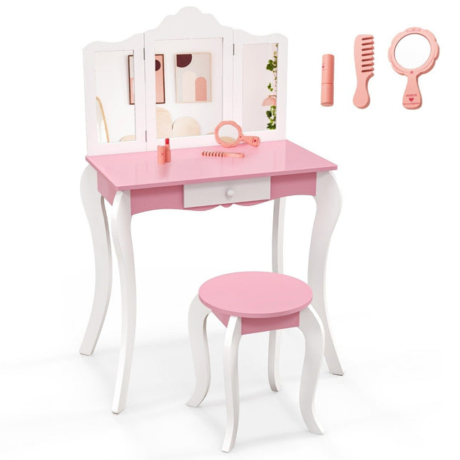 2 in 1 children's dressing table with stool & 3-fold removable mirror & drawer dressing table