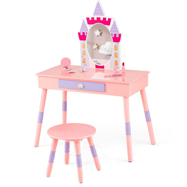 2 in 1 children's dressing table with stool dressing table set made of wood pink
