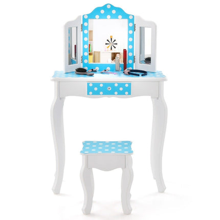 2 in 1 children's dressing table with stool & triple folding mirror & drawer dot blue