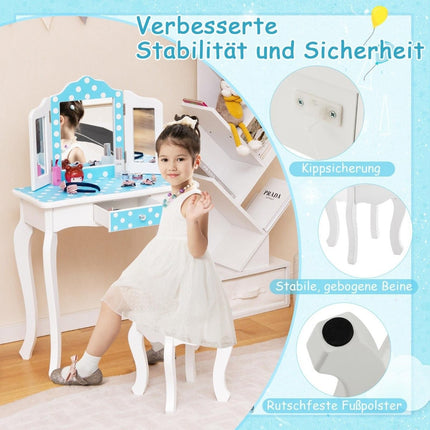 2 in 1 children's dressing table with stool & triple folding mirror & drawer dot blue