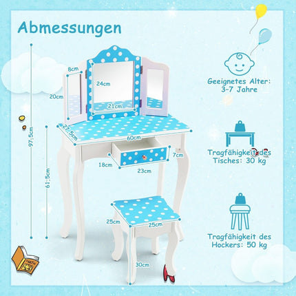 2 in 1 children's dressing table with stool & triple folding mirror & drawer dot blue