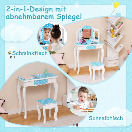 2 in 1 children's dressing table with stool & triple folding mirror & drawer dot blue