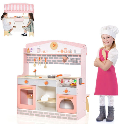 2 in 1 children's kitchen with stove & oven & grill & adjustable canopy. Double-sided play kitchen