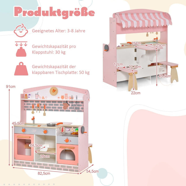 2 in 1 children's kitchen with stove & oven & grill & adjustable canopy. Double-sided play kitchen