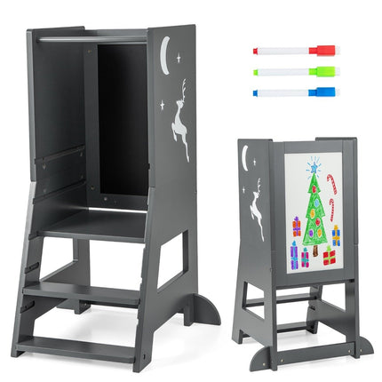 2 in 1 children's learning tower with double-sided board &amp; 3 Adjustable Heights Kitchen Stool Step Stool Gray