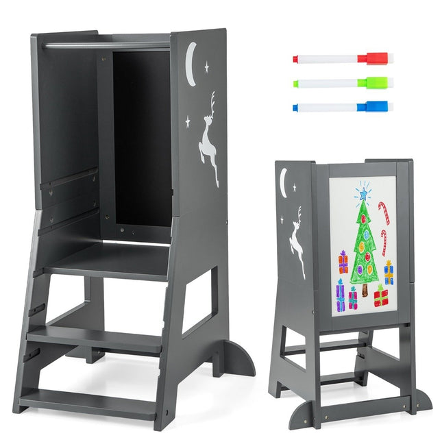 2 in 1 children's learning tower with double-sided board &amp; 3 Adjustable Heights Kitchen Stool Step Stool Gray