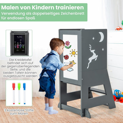 2 in 1 children's learning tower with double-sided board &amp; 3 Adjustable Heights Kitchen Stool Step Stool Gray