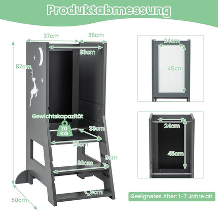 2 in 1 children's learning tower with double-sided board &amp; 3 Adjustable Heights Kitchen Stool Step Stool Gray