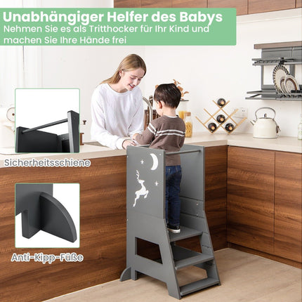 2 in 1 children's learning tower with double-sided board &amp; 3 Adjustable Heights Kitchen Stool Step Stool Gray