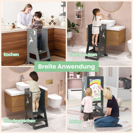 2 in 1 children's learning tower with double-sided board &amp; 3 Adjustable Heights Kitchen Stool Step Stool Gray
