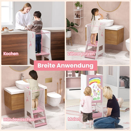 2 in 1 children's learning tower with double-sided board &amp; 3 Adjustable Heights Kitchen Stool Step Stool Pink