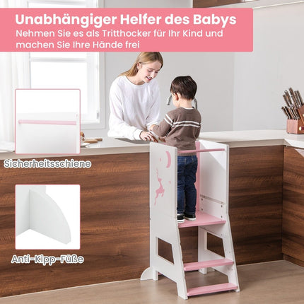 2 in 1 children's learning tower with double-sided board &amp; 3 Adjustable Heights Kitchen Stool Step Stool Pink