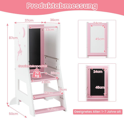2 in 1 children's learning tower with double-sided board &amp; 3 Adjustable Heights Kitchen Stool Step Stool Pink