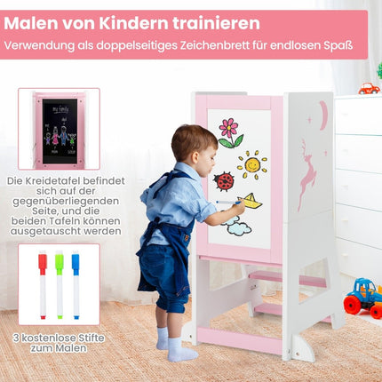 2 in 1 children's learning tower with double-sided board &amp; 3 Adjustable Heights Kitchen Stool Step Stool Pink