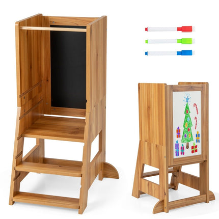 2 in 1 children's learning tower with double-sided board &amp; 3 adjustable heights kitchen stool step stool natural