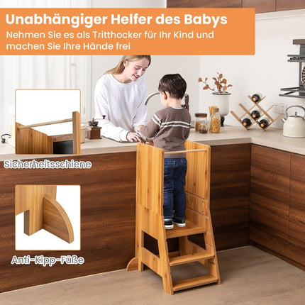 2 in 1 children's learning tower with double-sided board &amp; 3 adjustable heights kitchen stool step stool natural
