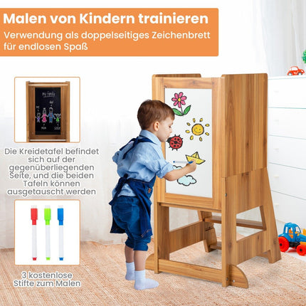 2 in 1 children's learning tower with double-sided board &amp; 3 adjustable heights kitchen stool step stool natural