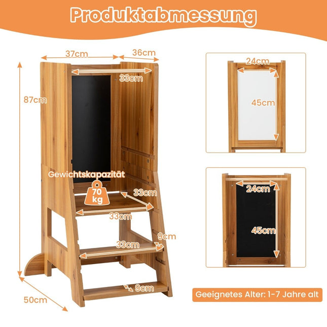 2 in 1 children's learning tower with double-sided board &amp; 3 adjustable heights kitchen stool step stool natural