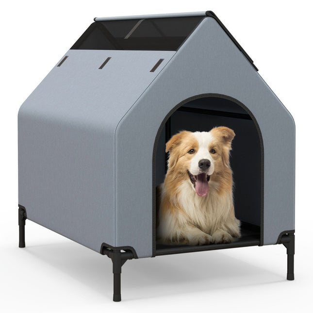 2 in 1 dog house &amp; Raised Dog Bed Dog Lounger Outdoor Pet House with Breathable Mesh Gray 64 x 91 x 86 cm