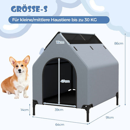 2 in 1 dog house &amp; Raised Dog Bed Dog Lounger Outdoor Pet House with Breathable Mesh Gray 64 x 91 x 86 cm