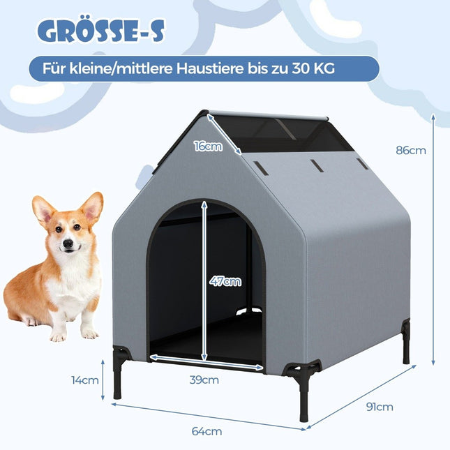 2 in 1 dog house &amp; Raised Dog Bed Dog Lounger Outdoor Pet House with Breathable Mesh Gray 64 x 91 x 86 cm