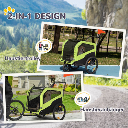 2-in-1 hondenkar, fietskar voor honden, hondenbuggy met reflectoren, hondenbuggy max. 30 kg, hondenfietskar voor grote honden, Oxford stof, groen