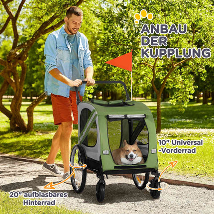 2-in-1 hondenkar & hondenbuggy, hondenfietskar, hondenbuggy met reflectoren voor middelgrote honden tot 20 kg, Oxford stof, groen