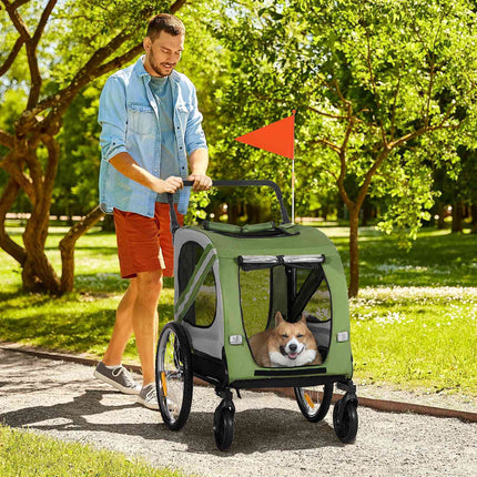 2-in-1 hondenkar & hondenbuggy, hondenfietskar, hondenbuggy met reflectoren voor middelgrote honden tot 20 kg, Oxford stof, groen