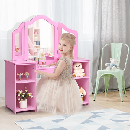 2 in 1 dressing table with removable mirror & open compartments made of wood for children from 3 years pink