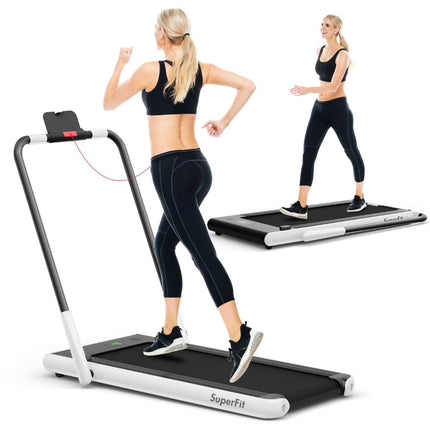 2-in-1 foldable treadmill with APP & remote control, mobile phone holder, LED display and speaker, white