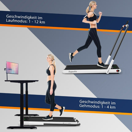 2-in-1 foldable treadmill with APP & remote control, mobile phone holder, LED display and speaker, white
