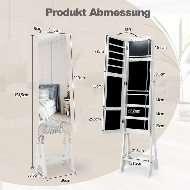 2 in 1 jewelry cabinet standing mirror with 12 LEDs Lockable mirror cabinet with full-length mirror white