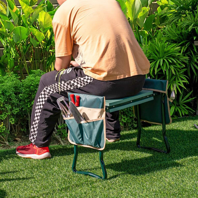 2 in 1 kneeler for gardening with 2 tool bags foldable 58 x 27.5 x 50 cm green