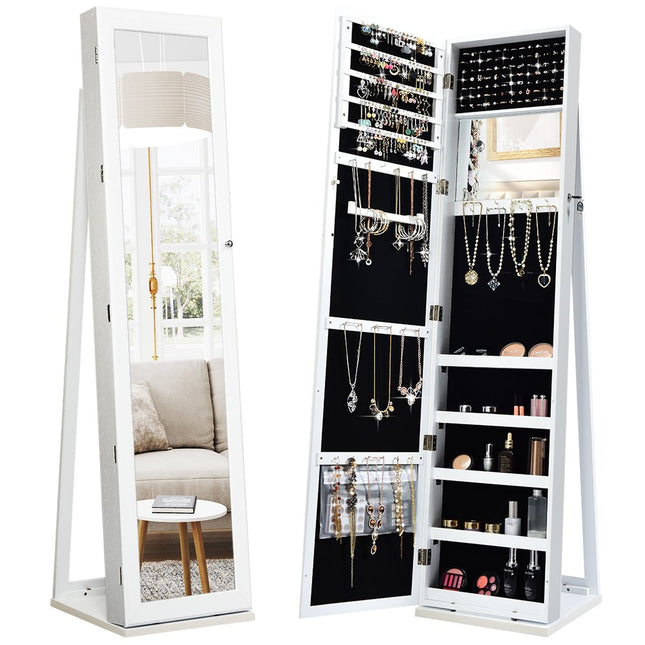 2-in-1 large and lockable jewelry cabinet with full-length mirror, free-standing jewelry stand, white