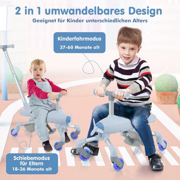 2-in-1 push car for children push car in airplane motif with LED illuminated wheels portable up to 50kg blue