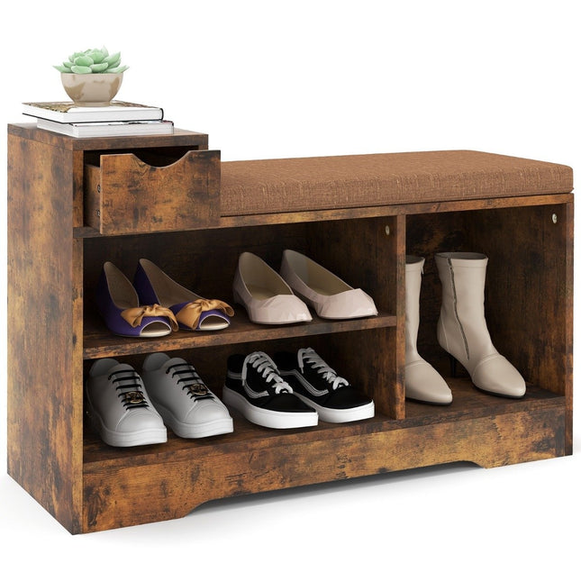 2 in 1 schoenenrek & bank met lade & 3 compartimenten & zitkussen schoenenbank vintage