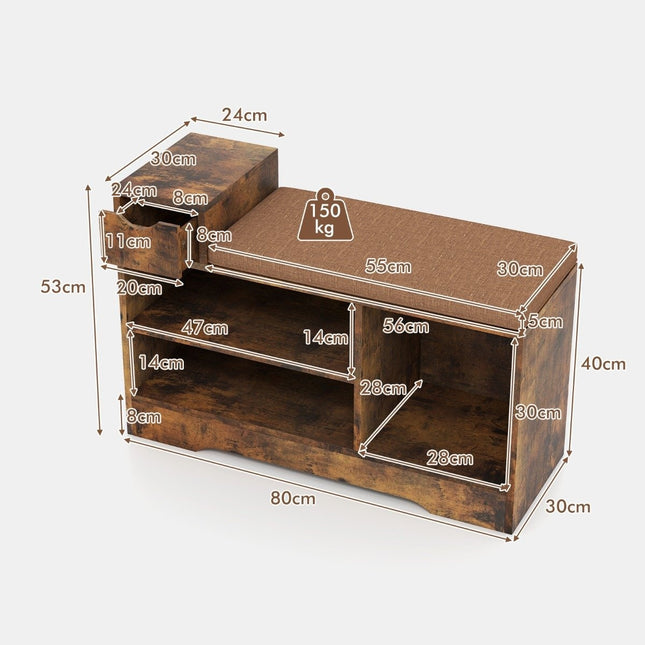 2 in 1 schoenenrek & bank met lade & 3 compartimenten & zitkussen schoenenbank vintage