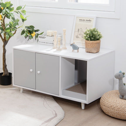 2 in 1 bijzettafel & kattenkast met krabplank kattentoilet salontafel 90 x 50 x 50 cm grijs