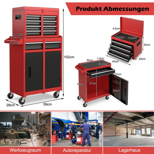 2 in 1 workshop trolley with case & 8 compartments & hooks & adjustable shelf 100 kg load capacity