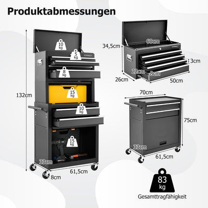 2 in 1 workshop trolley with case & 9 compartments & hooks Lockable tool trolley on wheels Black