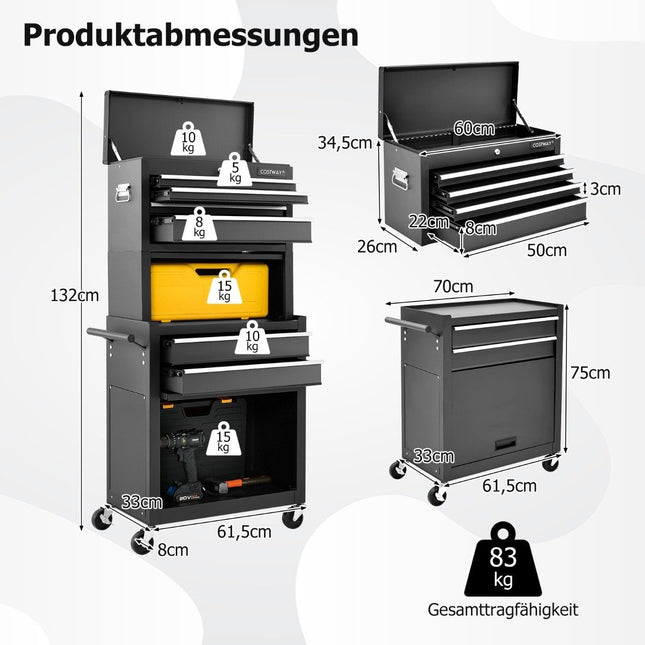 2 in 1 workshop trolley with case & 9 compartments & hooks Lockable tool trolley on wheels Black