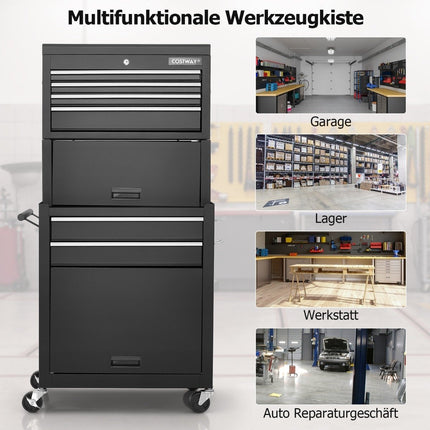 2 in 1 workshop trolley with case & 9 compartments & hooks Lockable tool trolley on wheels Black