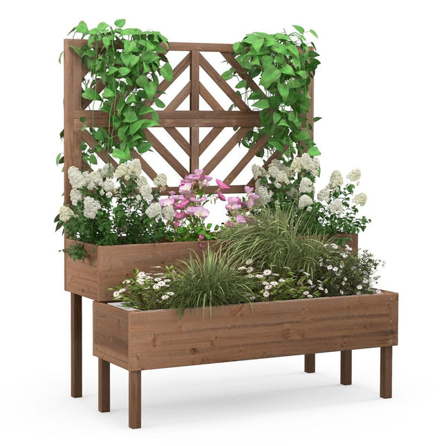 2-layer garden bed with trellis, wooden raised plant box with legs, drainage hole, plant container, brown