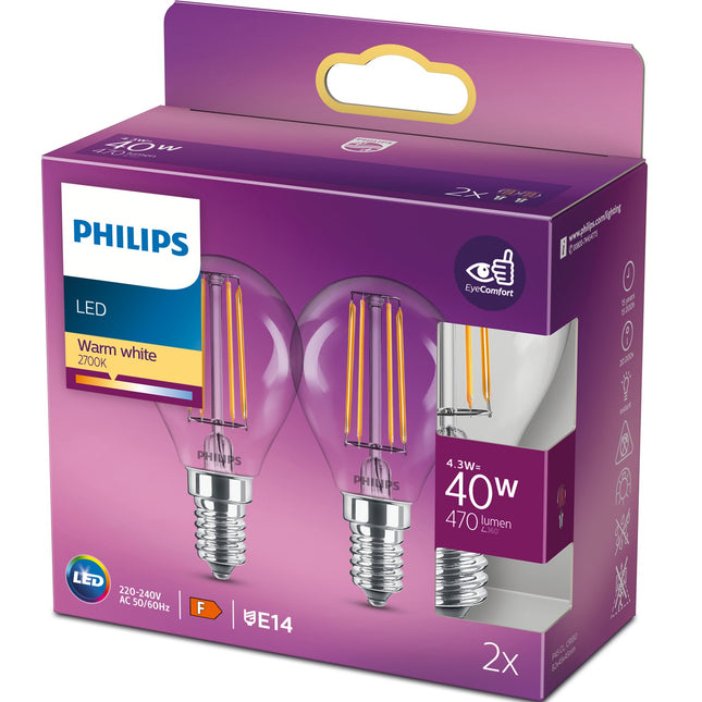 2-pack LED E14 Globe 4.3W (40W) Clear 470lm