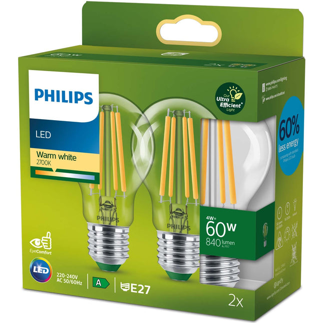 2-pack LED E27 Normal 4W (60W) Clear 840lm 2700K Energy class A