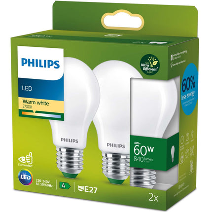 2-pack LED E27 Normal 4W (60W) Frosted 840lm 2700K Energy class A